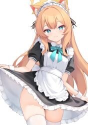 1girl alternate_costume animal_ear_fluff animal_ears apron black_dress blue_archive clothes_lift dress enmaided frilled_apron frills halo highres lifting_own_clothes long_hair looking_at_viewer maid maid_apron maid_headdress mari_(blue_archive) orange_hair puffy_short_sleeves puffy_sleeves short_sleeves skirt skirt_lift solo thighhighs white_apron white_background white_thighhighs wrist_cuffs yellow_halo zarashi