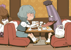 2girls bag blue_hair blue_skirt blue_vest booth_seating brown_hair brown_sandals cafe closed_mouth coffee coffee_mug commentary_request cup curry curry_rice feeding food full_body geta himekaidou_hatate holding holding_spoon indoors karakasa_obake long_sleeves mug multiple_girls onikobe_rin plate purple_umbrella rice sandals sandwich shirt shopping_bag short_hair sitting skirt smile socks solo_focus spoon table tatara_kogasa tongue touhou umbrella vest white_shirt white_socks |_|