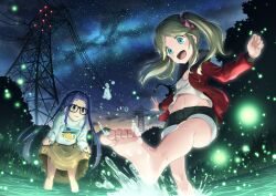 2girls :d aurora barefoot black-framed_eyewear black_shorts blue_eyes blue_hair blunt_bangs blush blush_stickers brown_eyes closed_mouth commentary dusk fang feet fireflies glasses grass grin hair_ornament hair_scrunchie half_updo happy highres inuyama_akari jacket kicking kuromasu lake legs lifting_own_clothes long_hair long_sleeves looking_at_another looking_down mountainous_horizon multiple_girls navel night oogaki_chiaki open_mouth outstretched_arms parted_bangs red_jacket red_scrunchie scenery scrunchie shirt short_eyebrows shorts side_ponytail sidelocks skirt sky smile soaking_feet soles splashing star_(sky) starry_sky stomach thick_eyebrows thighs toenails toes transmission_tower twintails very_long_hair white_shirt yellow_skirt yurucamp
