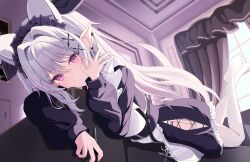 1girl absurdres animal_ears apron black_dress commentary_request couch curtains dress frilled_apron frilled_dress frills from_below garter_straps hair_intakes hair_ornament hand_up head_tilt highres indoors light_blush long_hair long_sleeves looking_at_viewer lying maid maid_apron maid_headdress ok_sign on_couch on_stomach original parted_lips picture_frame pointy_ears purple_eyes solo thighhighs thighs uaru very_long_hair white_apron white_hair white_thighhighs window x_hair_ornament