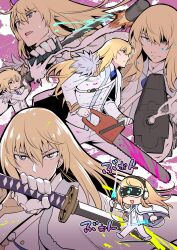 1boy aiming aiming_at_viewer ascot ben-day_dots blonde_hair blood blood_on_clothes blood_on_face bloody_weapon blue_ascot blue_blood cape chainsaw chibi closed_mouth commentary covered_mouth energy_sword eye_trail fate/grand_order fate_(series) feathers foreshortening formal_clothes frilled_sleeves frills gloves gold_trim green_blood grey_eyes gun hair_between_eyes hair_over_one_eye hand_up handgun head-mounted_display highres holding holding_chainsaw holding_gun holding_knife holding_rocket_launcher holding_sword holding_weapon jacket katana kirschtaria_wodime knife light_blush light_trail long_hair looking_ahead looking_at_viewer male_focus multiple_views musical_note one_eye_closed ono_misao open_mouth outline pants partially_shaded_face pink_blood rocket_launcher screentones side_cape smile smoke smoking_barrel suit sword virtual_reality walking weapon white_cape white_feathers white_gloves white_jacket white_outline white_pants white_suit