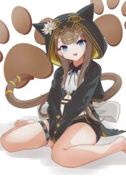 1girl :d absurdres ankh arknights arms_between_legs barefoot belt black_jacket black_ribbon black_shorts blue_eyes blush brown_belt brown_hair brown_tail chinese_commentary commentary eyes_visible_through_hair fantuan/ft flower foot_out_of_frame highres hood hood_up hooded_jacket jacket long_hair long_sleeves looking_at_viewer neck_ribbon open_mouth pepe_(arknights) ribbon shorts sitting smile solo tail tail_ornament tail_ring two-sided_fabric two-sided_jacket v_arms wariza white_background white_flower yellow_jacket