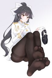 1girl absurdres azur_lane black_hair black_panties black_pantyhose bow breasts brown_eyes closed_mouth commission cum_in_footwear epaulettes feet foot_focus foreshortening full_body gloves gold_trim gradient_background grey_background hair_bow highres holding holding_shoes holding_unworn_clothes impossible_clothes impossible_jacket jacket knees_up large_breasts legs long_hair military_uniform miniskirt no_shoes panties pantyhose pixiv_commission pleated_skirt ponytail shoes sidelocks skirt soles solo takao_(azur_lane) thighband_pantyhose thighs toe_seam toenails toes underwear unworn_shoes very_long_hair white_bow white_gloves white_jacket white_skirt wl217_(nicexa111)