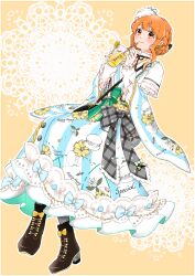1girl :3 absurdres blush braid crown_braid cup drink food_print frilled_kimono frills hat highres hogehogemoji06 idolmaster idolmaster_cinderella_girls japanese_clothes kimono lace lemonade looking_at_viewer moroboshi_kirari obi orange_eyes orange_hair ribbon sash smile yellow_background