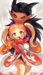 Rule 34 | 1boy, 1girl, arms around neck, belt, black buruma, black hair, black shirt, blonde hair, breasts, brown belt, buruma, buruma under skirt, closed eyes, clothes pull, couple, dark-skinned male, dark skin, dragon quest, dragon quest builders 2, dress, dress pull, earrings, female builder (dqb2), fringe trim, gloves, green eyes, hair horns, hair pulled back, hair ribbon, highres, hoop earrings, hotaro (bread fusa), jewelry, kneeling, looking at another, looking up, low ponytail, lying, on back, open mouth, orange gloves, orange pants, pants, pointy ears, ponytail, purple shirt, red dress, red gloves, red ribbon, ribbon, shirt, shirt under dress, sidoh (dqb2), silver earrings, small breasts, smile, spiked hair, thumb to mouth, twintails, two-tone dress, white background, white dress