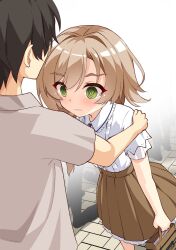 1boy 1girl @_@ bag black_hair blush brown_bag brown_hair brown_skirt casual center_frills closed_mouth collared_shirt commentary_request cowboy_shot embarrassed eyes_visible_through_hair frilled_shirt frilled_shirt_collar frilled_skirt frills green_eyes hair_intakes hand_on_another&#039;s_shoulder hetero high-waist_skirt highres leaning_forward mikuni_sairi outdoors pleated_skirt sesen2000 shirt shopping_bag short_hair short_sleeves simple_background skirt swept_bangs tanikaze_riku tenshi_souzou_re-boot! thick_eyebrows tsurime wavy_eyebrows wavy_mouth white_background white_shirt wide-eyed