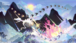 animal artist_logo artist_request bird cloud copyright_notice day dinosaur_skull fire flock gun hair_ornament highres infinity_nikki logo meteor_shower mountain nikki_(series) no_humans official_art official_wallpaper outdoors second-party_source shooting_star_hair_ornament simple_bird star_(symbol) star_hair_ornament sun swallow_(bird) weapon