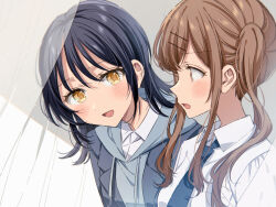 2girls black_hair blush brown_hair dress_shirt highres hood hoodie looking_at_another multiple_girls necktie original rococomm123 shirt white_shirt yellow_eyes