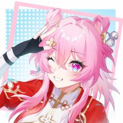 1girl banban33 bell black_gloves blue_eyes chinese_clothes chinese_commentary clenched_teeth commentary_request cropped_jacket earrings fingerless_gloves flower gloves hair_flower hair_ornament hairpin hand_up highres honkai:_star_rail honkai_(series) jacket jewelry jingle_bell mandarin_collar march_7th_(honkai:_star_rail) march_7th_(hunt)_(honkai:_star_rail) medium_hair multicolored_eyes official_alternate_costume official_alternate_hairstyle one_eye_closed open_clothes open_jacket pink_eyes pink_hair polka_dot polka_dot_background portrait puffy_sleeves red_jacket shuangyaji single_earring smile solo teeth twitter_username two-tone_eyes
