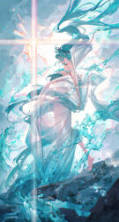 1girl absurdly_long_hair absurdres aqua_hair barefoot bow breasts commentary diffraction_spikes english_commentary full_body hair_bow hatsune_miku hatsune_miku_happy_16th_birthday_-dear_creators- highres long_hair miku_day nude rock see-through_clothes solo standing twintails very_long_hair vocaloid water ying_yi