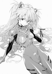 1girl absurdres bodysuit breasts commentary cowboy_shot cup disposable_cup greyscale hair_between_eyes highres holding holding_cup interface_headset_(evangelion) long_hair looking_at_viewer mecha_pilot_suit monochrome neon_genesis_evangelion plugsuit_(evangelion) shanyao_jiang_tororo simple_background small_breasts solo souryuu_asuka_langley thigh_strap very_long_hair white_background