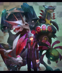 00s 1boy aggron armaldo ascot claydol clenched_hands cradily creature creatures_(company) extra_eyes formal_clothes game_freak gen_2_pokemon gen_3_pokemon highres horns long_sleeves looking_at_viewer male_focus metagross nintendo nishikawa_(fe) pants pokemon pokemon_(creature) pokemon_rse silver_hair skarmory steven_stone suit