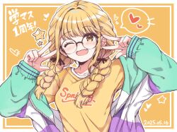 1girl ;d black-framed_eyewear blonde_hair blush border braid breasts brown_eyes collarbone dated double_w fang fujita_kotone gakuen_idolmaster glasses hair_over_shoulder hands_up heart idolmaster jacket lockheart long_hair long_sleeves looking_at_viewer low_twintails off_shoulder one_eye_closed open_clothes open_jacket open_mouth orange_background puffy_long_sleeves puffy_sleeves round_eyewear shirt sleeves_past_wrists small_breasts smile solo spoken_heart star_(symbol) translation_request twin_braids twintails upper_body w white_border yellow_shirt