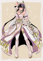 1girl absurdres bare_shoulders blush breasts bridal_veil bride candelabra candle candlestand cleavage dress fingerless_gloves fire_emblem fire_emblem:_genealogy_of_the_holy_war fire_emblem_heroes flower gloves hair_flower hair_ornament highres larcei_(bride_of_astra)_(fire_emblem) larcei_(fire_emblem) looking_at_viewer medium_breasts nintendo official_alternate_costume pelvic_curtain polearm rose short_hair sidelocks solo standing star_(symbol) strapless strapless_dress thighhighs tiara tomboy trident umi_(_oneinchswing) veil weapon wedding_dress white_dress white_flower white_rose