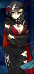 1girl black_dress black_hair bra braid breasts cleavage cloak dress eryutono_(uchihime) eye_mask grey_hair large_breasts multicolored_hair red_bra single_braid uchi_no_hime-sama_ga_ichiban_kawaii underwear