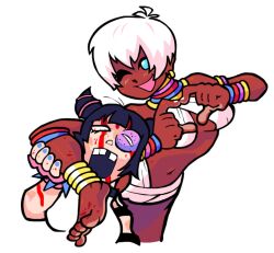 2girls anklet armlet barefoot bikini black_hair blood blood_on_face blue_eyes blue_nails bracelet breasts bruise chibi criss-cross_halter dark-skinned_female dark_skin defeat drill_hair earrings elena_(street_fighter) feet fingerless_gloves gloves hair_horns halterneck han_juri heart heart_hands highres injury jewelry leg_lock lifting_person looking_at_viewer medium_breasts missing_tooth multiple_girls nail_polish navel neck_ring nosebleed one_eye_closed open_mouth phantomarcade3k ryona short_hair smile soles spiked_bracelet spikes street_fighter street_fighter_6 swimsuit toes twin_drills underboob very_dark_skin white_hair