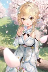 1girl arm_armor bare_shoulders black_gloves blonde_hair breasts cleavage commentary_request cowboy_shot dango dappled_sunlight day detached_sleeves dress falling_petals feather_hair_ornament feathers fingerless_gloves flower food genshin_impact gloves grass hair_between_eyes hair_flower hair_intakes hair_ornament highres holding holding_food karu_(calpis8222) large_breasts log looking_at_viewer lumine_(genshin_impact) open_mouth outdoors petals sanshoku_dango short_hair_with_long_locks sitting sitting_on_log solo sunlight tree wagashi white_dress white_flower yellow_eyes