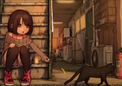 1girl :o animal black_cat black_thighhighs blunt_bangs bottle brown_eyes brown_hair brown_sweater can casual cat child door fan fire_hydrant grey_shorts highres industrial lamp miyu_(tiny_evil) muk_(monsieur) non-web_source open_mouth outdoors raised_eyebrows rust shoes short_hair shorts sitting sneakers solo stairs surprised sweater thighhighs third-party_edit tiny_evil towel umbrella water_bottle