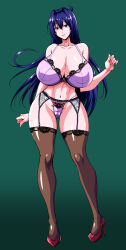 1girl absurdres bare_shoulders black_thighhighs blue_hair blush bra breasts cameltoe cleavage collarbone covered_erect_nipples curvy full_body garter_straps green_background groin high_heels highres huge_breasts kimura_naoki large_nipples long_hair maken-ki! navel nijou_aki panties pubic_hair purple_eyes simple_background smile solo standing stomach thick_thighs thigh_gap thighhighs thighs underwear wide_hips
