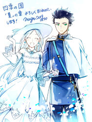 1boy 1girl :d ^_^ belt black_belt black_hair blue_jacket blue_pants blush_stickers buttons cape closed_eyes collared_dress commentary dated double-breasted dress earrings green_eyes hand_on_headwear hat height_difference highres holding_hands jacket jewelry long_hair long_sleeves male_focus matsunaka_hiro open_mouth original pants parted_bangs short_hair signature single_earring smile translation_request white_background white_cape white_dress white_hair white_hat