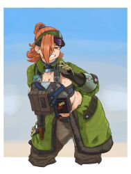 Rule 34 | 1girl, absurdres, balthilde (girls&#039; frontline 2), breasts, bulletproof vest, cleavage, cowboy shot, girls&#039; frontline, girls&#039; frontline 2: exilium, grin, hair over one eye, highres, looking at viewer, m1ramir, medium hair, navel, orange hair, plump, sideboob, smile, solo, sweat