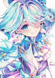 1girl ascot blue_coat blue_eyes blue_hair brooch coat commentary furina_(genshin_impact) genshin_impact gloves grin hair_over_one_eye highres jewelry long_hair long_sleeves looking_at_viewer multicolored_hair open_clothes open_coat signature simple_background smile solo streaked_hair touka_(pixiv71609120) two-tone_hair upper_body v v_over_eye white_ascot white_gloves white_hair