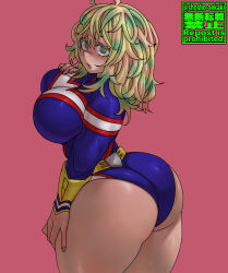 Rule 34 | 1girl, all might (cosplay), boku no hero academia, cosplay, female focus, green eyes, green hair, hagakure toru, highres, looking at viewer, multicolored hair, shosho oekaki, solo