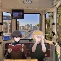 Rule 34 | 2boys, alternate costume, antenna hair, basil (faraway) (omori), basil (omori), black eyes, black hair, black nails, blonde hair, book, camera, closed mouth, collared shirt, day, flower, green shirt, grey eyes, hair flower, hair ornament, heterochromia, highres, holding, holding book, holding camera, honeymoonyart, long sleeves, male focus, multiple boys, omori, photo background, reading, scar, scar across eye, scar on face, shirt, short hair, short sleeves, spoilers, sunny (omori), train interior
