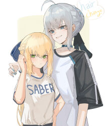 2girls absurdres ahoge alternate_hairstyle artoria_pendragon_(fate) black_ribbon black_shirt blonde_hair blue_bow blue_choker blue_eyes blue_nails bow braid caat106 choker fate/grand_order fate_(series) green_eyes grey_hair hair_bow hair_bun hair_ribbon hairstyle_switch height_difference highres long_hair morgan_le_fay_(fate) multiple_girls nail_polish ribbon saber_(fate) shirt short_sleeves siblings sisters two-tone_shirt upper_body white_shirt