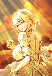 1girl aglaea_(honkai:_star_rail) bare_shoulders breasts clenched_hand commentary cowboy_shot flower foxyreine from_behind hair_flower hair_ornament hand_up head_wreath highres honkai:_star_rail honkai_(series) jewelry large_breasts limited_palette looking_at_viewer looking_back parted_lips ring short_hair shoulder_blades smile solo spoilers yellow_theme