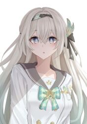 1girl :o absurdres black_hairband black_ribbon blush bow bowtie buttons double-breasted firefly_(honkai:_star_rail) firefly_(spring_missive)_(honkai:_star_rail) gradient_eyes gradient_hair green_bow green_bowtie green_pupils grey_hair grey_sailor_collar hair_ornament hair_ribbon hairband highres hivern honkai:_star_rail honkai_(series) long_hair multicolored_eyes multicolored_hair open_mouth plaid_bow plaid_bowtie plaid_clothes ribbon sailor_collar simple_background solo white_background