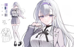 1girl belt black_ribbon black_shoes breasts closed_mouth collar collared_shirt color_guide commentary_request floating_hair garter_straps hair_between_eyes hand_up headband highres jacket kumo_tabetai large_breasts long_hair looking_at_viewer open_clothes open_collar open_jacket original pleated_skirt purple_eyes purple_headband purple_jacket purple_skirt ribbon shirt shoes simple_background skirt smile solo thighhighs thighs translation_request watermark white_background white_collar white_garter_straps white_hair white_shirt white_thighhighs zettai_ryouiki