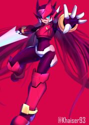 Rule 34 | 1girl, absurdres, android, armor, artist name, blue eyes, female focus, forehead jewel, helmet, heterochromia, highres, hololive, irys (hololive), khaizer, laser sword, long hair, mega man (series), mega man zero (series), pink eyes, red armor, red background, red hair, red helmet, simple background, solo, upper body, virtual youtuber, zero(z) (mega man), zero (mega man)