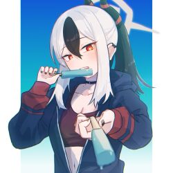 1girl aoore_x64 black_choker black_hoodie black_horns black_nails blue_archive breasts choker cleavage collarbone demon_horns ear_piercing eating food gradient_background hair_between_eyes halo highres holding holding_food holding_popsicle hood hoodie horns incoming_food kayoko_(blue_archive) long_sleeves looking_at_viewer midriff mole mole_on_neck multicolored_hair navel piercing popsicle red_eyes red_sports_bra small_breasts solo sports_bra standing two-tone_hair