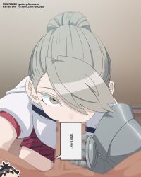 1boy 1girl absurdres armor black_hair blush bow brown_eyes brown_hair censored diagonal-striped_clothes diagonal-striped_skirt fanbox_username felipe_godoy fellatio hair_over_one_eye hetero highres indoors itan_private_high_school_uniform kishi_himeko kometani_chushaku komi-san_wa_komyushou_desu looking_at_viewer mole mole_under_eye mosaic_censoring one_eye_covered oral paid_reward_available patreon_username penis ponytail pov red_bow red_skirt school_uniform shirt short_sleeves skirt speech_bubble speech_bubble_censor striped_clothes summer_uniform tile_floor tiles translated white_shirt