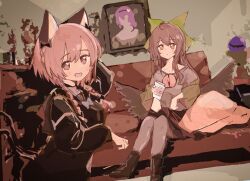 2girls ahoge animal_ears black_bow black_dress black_wings boots bow braid brown_eyes brown_hair cat_ears cat_girl cat_tail closed_mouth commentary_request couch cup dated_commentary disposable_coffee_cup disposable_cup dress expressionless fang feathered_wings full_body green_bow grey_pantyhose grey_shirt hair_bow highres indoors kaenbyou_rin komeiji_koishi komeiji_satori long_hair looking_at_viewer multiple_girls multiple_tails open_mouth painting_(object) pantyhose pink_eyes pink_hair reiuji_utsuho shirt sitting smile tail third_eye touhou twin_braids two_tails user_rehz8345 wings