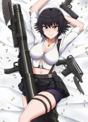 1girl bike_shorts black_hair breasts bullet canadiananiguy cleavage dakimakura_(medium) devil_may_cry devil_may_cry_(series) devil_may_cry_3 gun heterochromia jewelry kalina_ann_(weapon) lady_(devil_may_cry) looking_at_viewer lying midriff navel necklace on_back rocket_launcher shirt short_hair smile submachine_gun thigh_strap weapon weapon_between_legs white_shirt