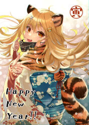 1girl animal_ears animal_print blonde_hair brown_kimono chinese_zodiac commentary_request english_text fang from_side fur_shawl furisode hair_ornament happy_new_year highres japanese_clothes jewelry kimono layered_sleeves long_hair long_sleeves looking_at_viewer mask mask_pull mouth_mask nagase_kei new_year obi open_mouth orange_eyes orange_shawl original print_shawl pulling_own_clothes ring sash shawl short_over_long_sleeves short_sleeves sitting skin_fang smile solo tail tiger_ears tiger_girl tiger_hair_ornament tiger_print tiger_tail v wide_sleeves year_of_the_tiger