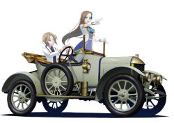 1boy 1girl 3d :d ascot blue_eyes brown_hair car derivative_work dress driving gloves highres katarina_claes keith_claes long_hair long_sleeves motor_vehicle open_mouth otome_game_no_hametsu_flag_shika_nai_akuyaku_reijou_ni_tensei_shite_shimatta photo-referenced pointing smile standing tomcat vector_trace vehicle_focus very_long_hair white_background white_gloves