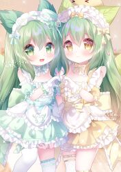 :3 :d blonde_hair blush bow bowtie chinese_commentary closed_mouth commentary_request commission detached_sleeves dress frilled_dress frilled_hairband frills gloves green_bow green_bowtie green_dress green_eyes green_hair green_hat green_ribbon green_sleeves hair_between_eyes hairband hamiyamiko hat heart heart_hands heart_hands_duo highres layered_dress long_hair looking_at_viewer mini_hat multicolored_hair open_mouth original puffy_short_sleeves puffy_sleeves ribbon short_sleeves single_thighhigh smile thighhighs two-tone_dress very_long_hair white_dress white_gloves white_hairband white_thighhighs yellow_bow yellow_bowtie yellow_dress yellow_eyes yellow_ribbon yellow_sleeves
