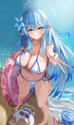 1girl absurdres ahoge barefoot beach bikini blue_hair breasts elf full_body gyaru_v heart heart_ahoge highres holding holding_swim_ring hololive innertube large_breasts ocean outdoors pointy_ears raised_eyebrows revision side-tie_bikini_bottom solo_focus standing sun_glare swim_ring swimsuit v virtual_youtuber wet white_bikini winvita yellow_eyes yukihana_lamy yukimin_(yukihana_lamy)