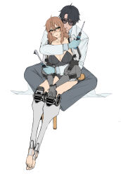 Rule 34 | 1boy, 1girl, ahoge, android, barefoot, black hair, black leotard, blue coat, blue gloves, blush, breasts, brown eyes, brown hair, cleavage, coat, collarbone, full body, glasses, gloves, hair between eyes, highres, kitsune udon (qtsuneudon), large breasts, leotard, light smile, long hair, long hair between eyes, mechanical legs, messy hair, original, screwdriver, short hair, sitting, sitting on lap, sitting on person, sofia (kitsuneudon), strapless, strapless leotard, sunglasses