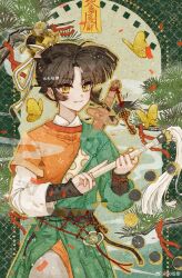 1girl absurdres an-an_lee artist_name black_hair branch bug butterfly chinese_clothes closed_mouth fuzi green_background green_robe hair_bun hanfu highres holding insect jian_(weapon) looking_at_viewer ofuda pine_tree red_shirt reverse:1999 robe shirt smile smoke solo sword tree upper_body watermark weapon weapon_on_back weibo_watermark wooden_sword xiao_guan_(headdress) yellow_butterfly yellow_eyes zhuyingmiao