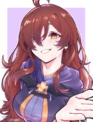1girl absurdres ahoge border brown_hair commentary cross english_commentary eyes_visible_through_hair grin hair_between_eyes hair_over_one_eye highres kono_subarashii_sekai_ni_shukufuku_wo! latin_cross long_hair long_sleeves looking_at_viewer outline outside_border purple_background purple_robe robe shigokin_(baller4jesus27) signature simple_background smile solo teeth upper_body white_border white_outline wiz_(konosuba) yellow_eyes