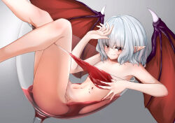 1girl absurdres bat_wings black_wings closed_mouth collarbone completely_nude convenient_censoring cup drinking_glass fang feet_out_of_frame grey_background highres legs_up looking_at_viewer lying nude oversized_object pointy_ears red_wings remilia_scarlet simple_background slit_pupils smeared_blood smile solo sr_(takutaku525mi) touhou wine_glass wings