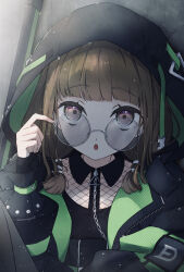 Rule 34 | 1girl, absurdres, black coat, black shirt, blunt bangs, brown hair, coat, collared shirt, commentary, enpara chiba, fishnet top, fishnets, glasses, green coat, highres, hood, hood up, i my mayday, kachimachi kosuzu, light particles, link! like! love live!, looking at viewer, love live!, low twintails, official alternate costume, open clothes, open coat, open mouth, pink eyes, round eyewear, shirt, short twintails, solo, twintails, two-sided coat, two-sided fabric, virtual youtuber