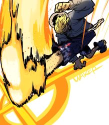 1boy artist_name blonde_hair diable_jambe fighting_stance fire flying_kick highres jacket kicking male_focus one_piece sanji_(one_piece) signature simple_background solo taku_(aywakutakuay)