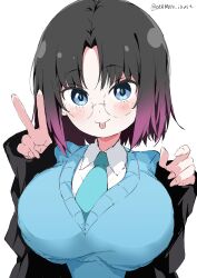 1girl absurdres black_hair black_shirt blazer blue_eyes blue_necktie blue_sweater closed_mouth collared_shirt cropped_torso elma_(maidragon) glasses highres jacket kobayashi-san_chi_no_maidragon long_sleeves looking_at_viewer medium_hair multicolored_hair necktie purple_hair round_eyewear shirt simple_background smile solo sweater sweater_vest tongue tongue_out v white_background white_gorilla_(okamoto) white_shirt