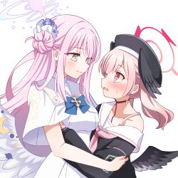 2girls angel_wings beret black_hat black_shirt black_wings blue_archive blue_bow blush bow bra_strap breasts capelet closed_mouth commentary_request dress emblem eye_contact flower grey_pupils hair_bun hair_flower hair_ornament hair_over_shoulder hair_ribbon halo hat head_wings highres hug koharu_(blue_archive) large_breasts long_hair long_sleeves looking_at_another low_wings ma_tsukasa mika_(blue_archive) mini_wings multiple_girls neckerchief one_side_up open_mouth orange_eyes overskirt pink_eyes pink_hair pink_halo pink_neckerchief purple_flower purple_halo ribbon sailor_collar sailor_shirt school_uniform shirt sidelocks sideways_mouth simple_background sleeveless sleeveless_dress smile standing straight_hair sweatdrop twintails underbust upper_body wavy_hair wavy_mouth white_background white_capelet white_dress white_ribbon white_sailor_collar white_wings wings wispy_bangs yuri