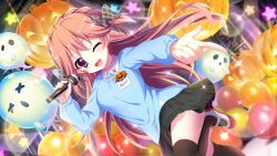 1girl balloon black_thighhighs bow braid breasts concert crown_braid dot_nose dutch_angle film_grain game_cg ghost haeno_akari hair_bow halloween holding holding_microphone izumi_tsubasu jack-o&#039;-lantern kindergarten_uniform lens_flare long_hair long_sleeves looking_at_viewer medium_breasts microphone name_tag non-web_source official_art one_eye_closed open_mouth orange_hair plaid_bow plaid_clothes plaid_skirt pointing purple_eyes re:stage! red_shoes shoes skirt smile solo sparkle stage star_(symbol) thighhighs translated two_side_up x_x zettai_ryouiki
